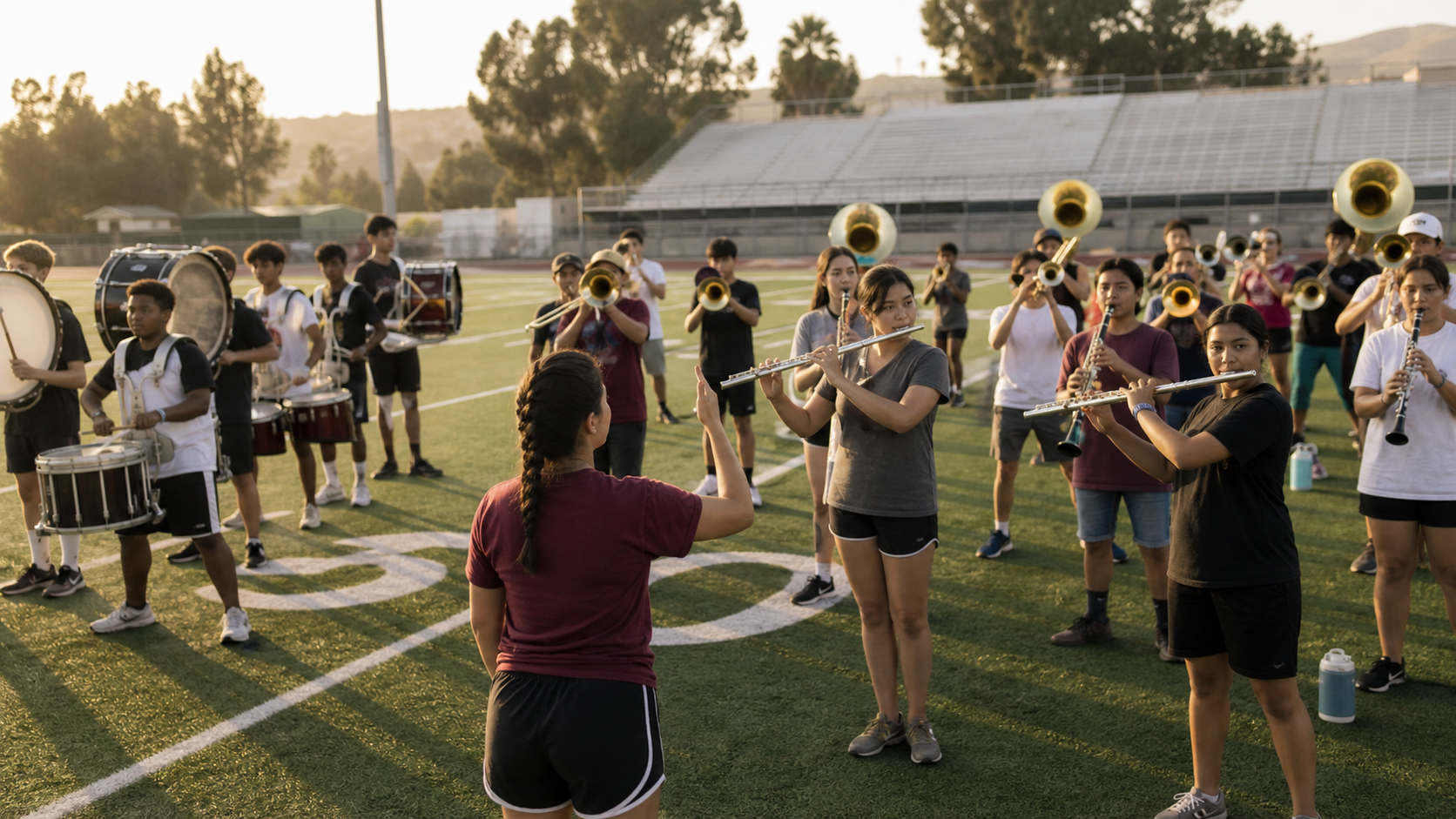 An illustrative scene of marching band students rehearsing together at band camp